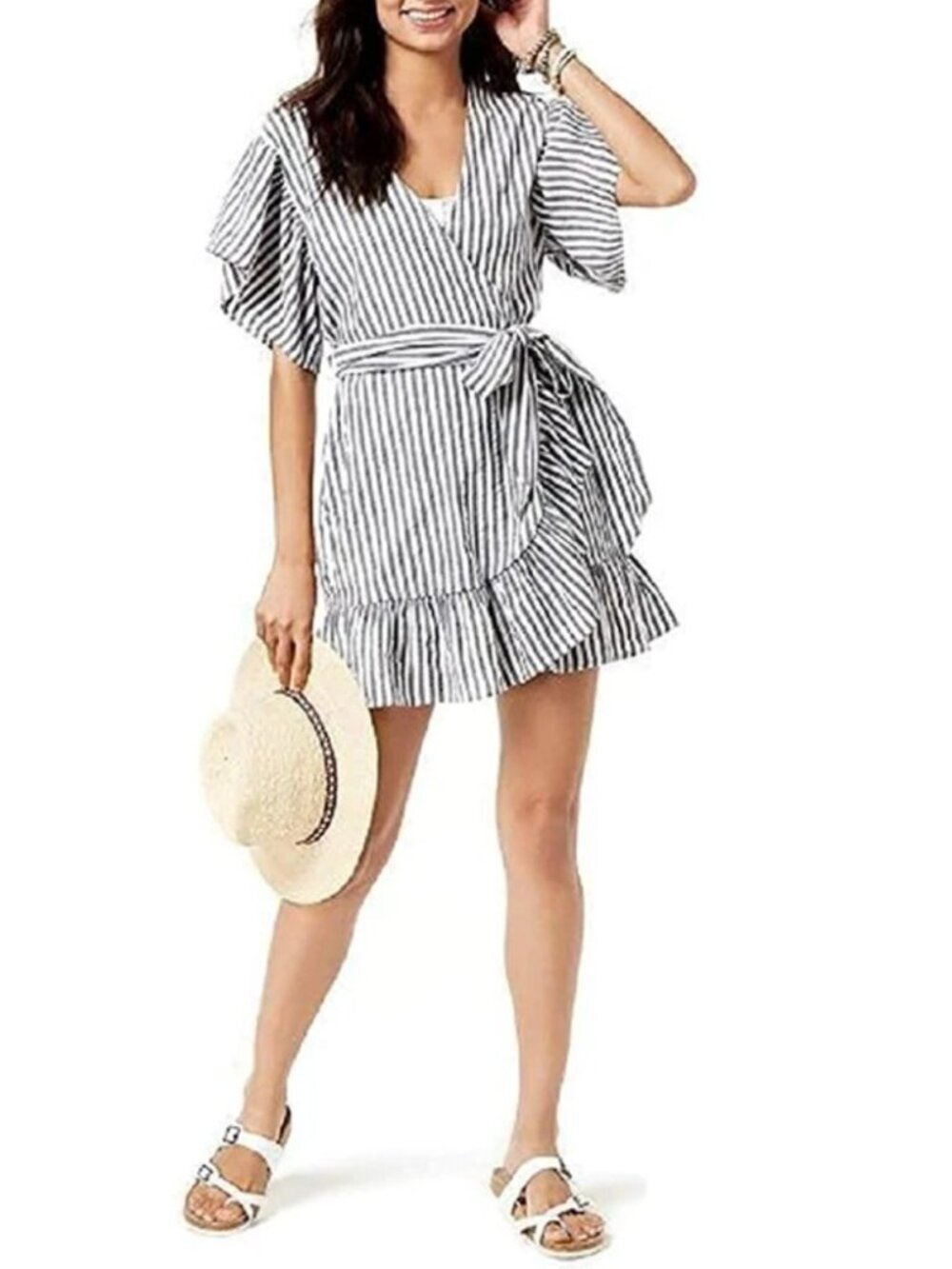 Miken White Black Striped Wrap Dress Swim Cover-Up Beach Summer Size M